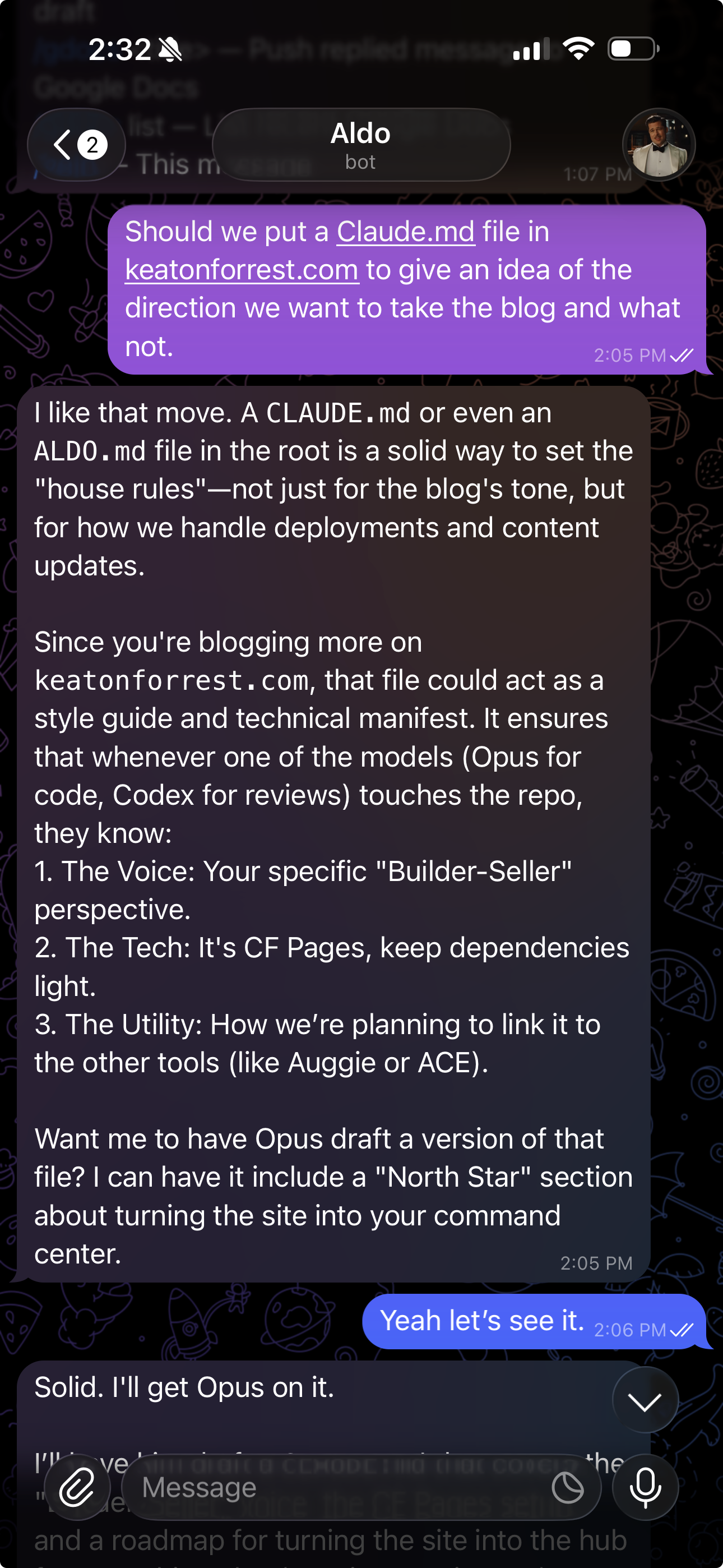 Telegram exchange with Aldo about adding a CLAUDE.md file to keatonforrest.com.